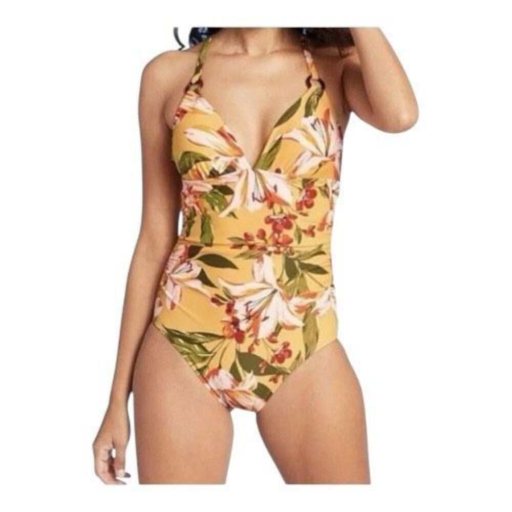 Kona Sol Swimwear One Piece High Coverage Yellow Tropical Floral Size M